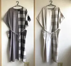 (ブラウン、ベージュ) ロングワンピース　大きめチェック ポケット 綿麻 半袖