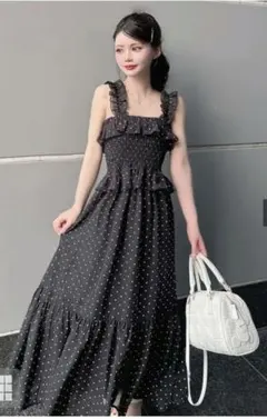 【完売】♥グレイル♥♡ドット柄❣シフォンキャミソールワンピース【ブラック】♡