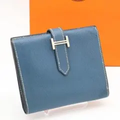 鑑定書付【極美品】HERMES ベアンコンパクト　シェーブル　二つ折り財布　青のサムネイル