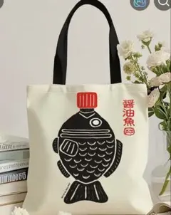 レトロ柄エコバッグ　トートバッグ 和風イラスト入りトート　約40cm×35cm