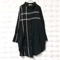 シャツチュニック 長袖 M ブラック チェック柄 ラインデザイン アシンメトリーのサムネイル