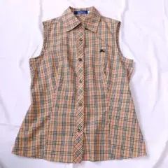 バーバリーズ ブルーレーベル ノバチェック ノースリーブシャツ 38 ロゴ刺繍