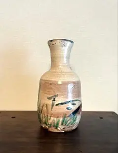 黄瀬戸［鳩花瓶］古久屋窯 川合修二作 父：川合玉堂 ひのき共箱入