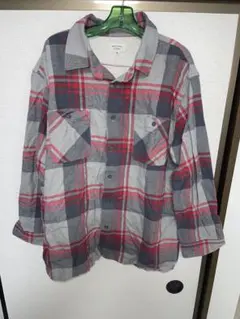 グレー 赤 チェック柄 長袖ネルシャツ