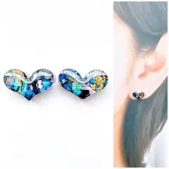 マーブルブルー10mmハートピアス/イヤリング