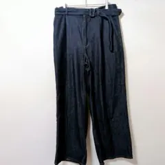 ※​GU ベルト付ワイドデニムパンツ XL 濃紺 ウエストゴム 男女兼用 古着
