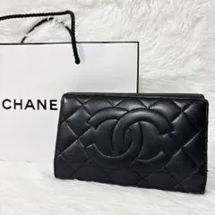 【✨極美品✨】CHANEシャネル ラムレザー 二つ折り財布ブラック キルティング