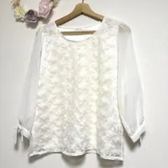 レース×シフォン 7分袖ブラウス Lサイズ ホワイト 袖リボン付き