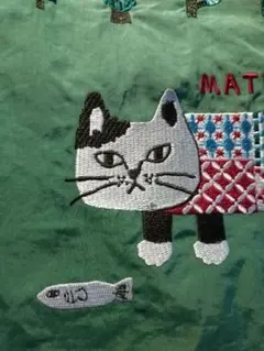 猫 刺繍 エコバッグ グリーン