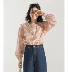 FREAK'S STORE ストライプ柄フリルセーラー長袖シャツ