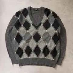 90s vintage アーガイル Vネック ニット L グレー カジュアル