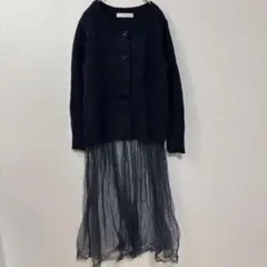 COLLAGE ネイビー ニットワンピ　 シフォン　切り替え　レース　アルパカ混