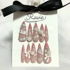 ネイルチップ10本　リボン　ワンホン　ギャル　韓国　薔薇　綺麗　上品