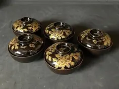 時代 輪島塗 沈金蒔絵 牡丹花蝶文 黒塗 吸物椀 5客 茶懐石道具 142