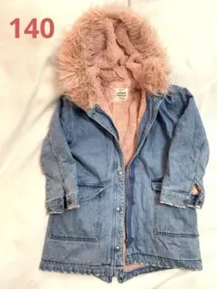 ZARA デニムブルー ピンクファー付きモコモココート