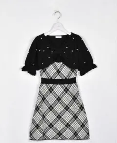evelyn エブリン チェックリボンニットワンピース ブラック