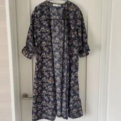 ロング カーディガン　ガウン　花柄　　ネイビー　M