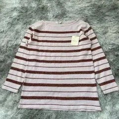 新品タグ付き❗【アシュテ】ピンク茶色ボーダー七分袖ニット 総柄 M