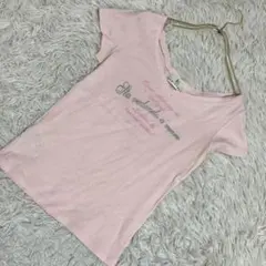 組曲 ラインストーン付きTシャツ ピンク 2 ロゴ プリント Ｖネック 可愛いのサムネイル