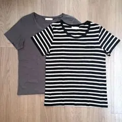 半袖Tシャツ　2枚セット　黒白　ボーダー柄　チャコールグレー　無地　コットン