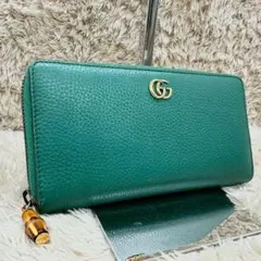 【付属品完備】グッチ 長財布 ラウンドファスナー グリーン マーモント バンブー