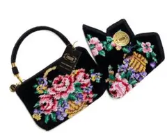 フェイラー ミニバッグ シュニール織 ブラック 花柄刺繍 ポーチ ハンカチセット