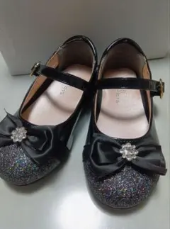 【女の子】フォーマルシューズ 黒 ピアノ発表会・結婚式 ラメとりぼん　19センチ