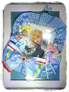 リボンデコ 硬質カードケース B8 水色 ギンガムチェック うさぎ