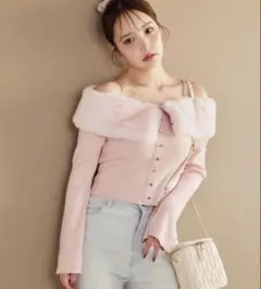 NICE CLAUP ビジューフェイクファーニット ピンク