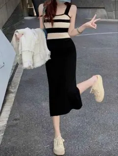 SHEIN ノースリーブニットワンピース 黒とベージュのストライプ　M