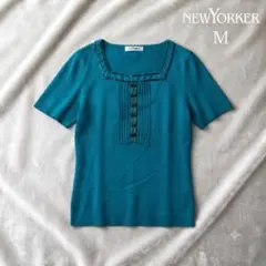 上質NEWYORKERターコイズブルー 半袖ニット M サマーニット　エレガントのサムネイル