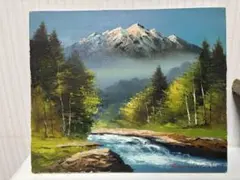 油彩画 山と川の風景