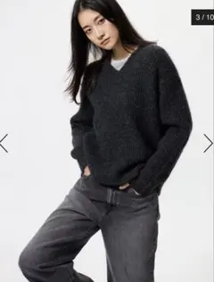 ユニクロ　フラッフィVネックセーター　XL ［グレー］