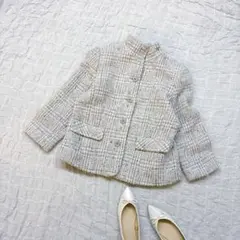 レディース　ジャケット　スタンドカラー　ツィード　11号　L相当　ブルー　白