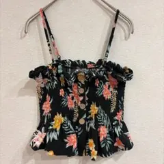 ノーバウンダリーズ キャミソール ビスチェ フリル 花柄 S 黒 ボタニカル