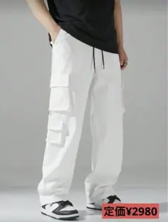 メンズ ワイドレッグパンツ ホワイト ドローストリング付き