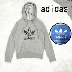 アディダス パーカー グレー ロゴ アニマル フーディ 長袖 薄手