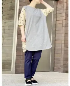 スーパーハッカ　切替チュニック 刺繍 花柄 コットン ワンピース