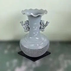 芸元作　高麗青磁 大壺 花瓶 雲鶴文 網目透かし彫り 双耳 飾り壺 高麗青磁 芸元作 雲鶴文双耳飾壷 雲鶴文 網目透かし彫り 双耳 飾壺