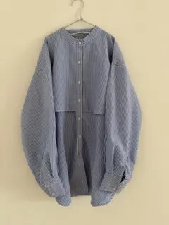 ストライプ柄 バンドカラーシャツ