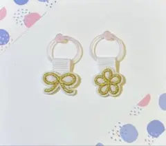 【残り1点】シューズタグ　リボン&フラワーセット　ゴールド