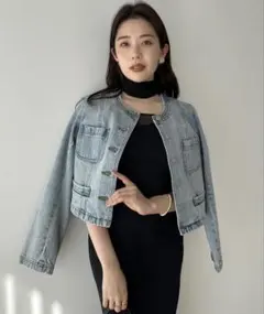 ノーカラー デニムジャケット