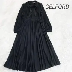 セルフォード ロングワンピース ボウタイ ラメ プリーツ フレア ブラック