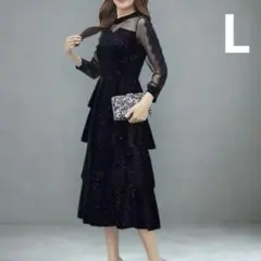 Lドレス 結婚式 パーティー お呼ばれ 二次会 黒 シアー チュール ティアード