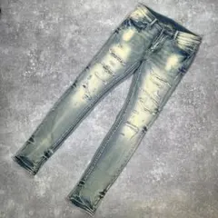 mnml クラッシュデニム【32】ペイズリー　ストレッチデニム　リペアスキニー