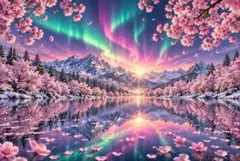 桜とオーロラ　幻想風景　湖　イラスト　美しい景色　雪山　絶景　インテリア　C51