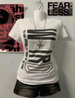SHEIN レタリングプリント ラインストーン 半袖Tシャツ ホワイト Y2K