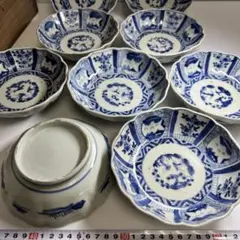 江戸期 古伊万里 染付 向付 在銘 金繋ぎあり 箱付 6客セット 古伊万里】 染付金彩楼閣山水文輪花七寸皿 10客セット 箱付