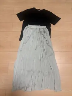 グレイル　GU ミントグリーンフレアスカート　黒無地Tシャツ　セット売り♡のサムネイル