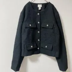 H&M 大きいサイズ XL ツイードジャケット ノーカラー ブラック